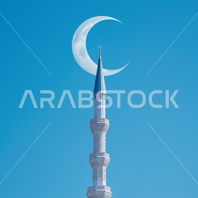 The appearance of the blessed Ramadan crescent on the minaret of a mosque, a religious spiritual atmosphere, the concept of worship and closeness to God, welcoming the month of goodness, the view of the blue sky, Islamic Ramadan backgrounds