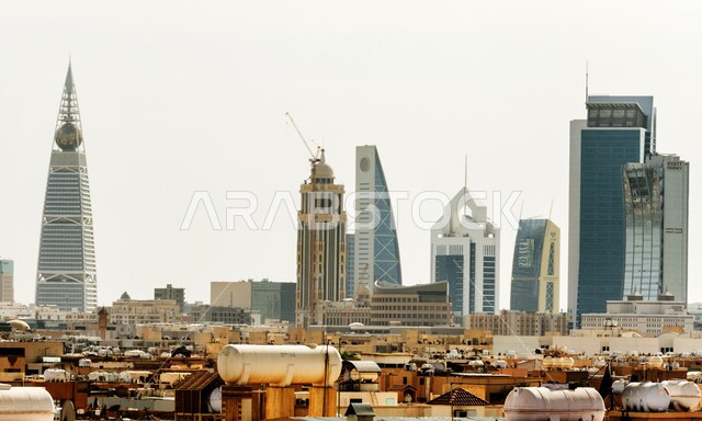 The architectural engineering art of the famous towers and skyscrapers in the city of Riyadh, urban progress and development in the Kingdom of Arabia, places and tourist attractions to attract tourists in Saudi Arabia, white background