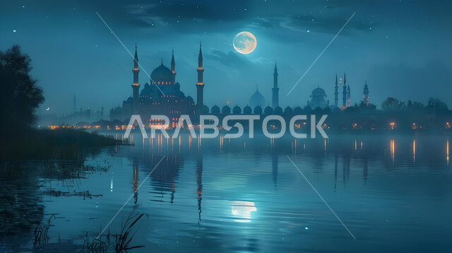 الفن الهندسي المعماري للمساجد السعودية على الطراز الاسلامي، صورة ظلية لمسجد عريق في وسط البحيرة ليلا، منظر البدر في وسط السماء المليئة بالسحب والغيوم، القبب والمآذن المتميزة، مفهوم العبادة والتقرب إلى الله