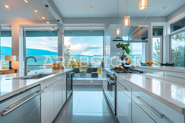 الديكورات الداخلية الحديثة للشقق والفلل السكنية الفاخرة في السعودية، واجهة زجاجية مطلة على الطبيعة داخل مطبخ أبيض أنيق، تصاميم على الطراز المعماري الحديث