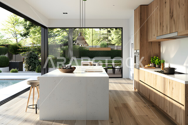 مطابخ بديكورات عصرية في المملكة العربية السعودية، مطبخ عربي فاخر بخزن خشبية، التصاميم الداخلية للفلل والشقق السكنية، واجهة زجاجية مطلة على الطبيعة