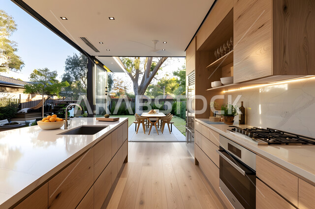 مطبخ راقي بخزائن خشبية، الواجهات الزجاجية المطلة على الطبيعة، الديكورات العصرية للمطابخ العربية الفاخرة في المملكة العربية السعودية، التصاميم الداخلية للفلل والشقق السكنية