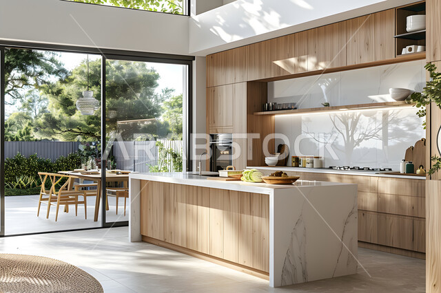 A glass facade overlooking nature, modern decorations for luxury kitchens in the Kingdom of Saudi Arabia, interior designs for villas and residential apartments, a sophisticated kitchen with wooden cabinets