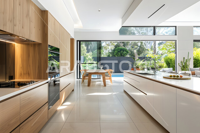 A glass facade overlooking nature, modern decorations for luxury kitchens in the Kingdom of Saudi Arabia, interior designs for villas and residential apartments, a sophisticated kitchen with wooden cabinets