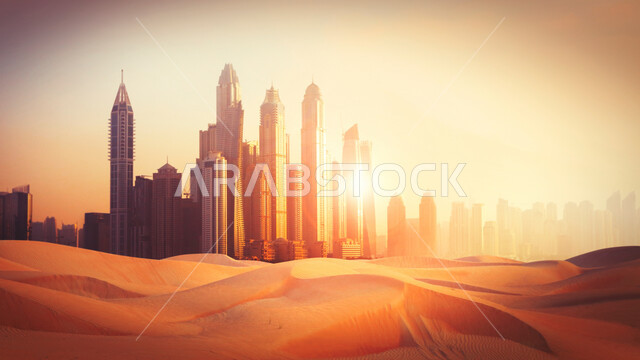 الكثبان والتلال الرملية في الصحراء، الفن الهندسي المعماري للمباني والمنشآت السكنية، النمو والتقدم والتوسع العمراني، منظر الأبراج وناطحات السحاب في دولة الإمارات العربية المتحدة، معالم دبي السياحية
