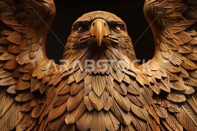 تصاميم مبتكرة وديكورات تراثية ثقافية ثلاثية الابعاد، رمز القوة والتحدي، منحوتات خشبية للحيوانات، صورة مقربة لتمثال نسر خشبي مصنوع يدويًا بتفاصيل معقدة