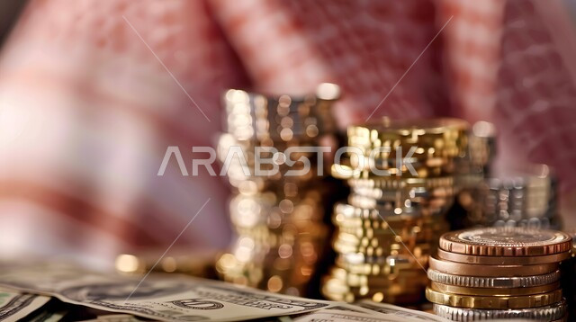 ادخار وتوفير الأموال وتمويل الأعمال، مفهوم النمو الاقتصادي والأرباح المالية والاستدامة، صورة مقربة لمجموعة من العملات المعدنية فوق بعضها البعض مع النقود الورقية، الاستثمار وعائد الفوائد