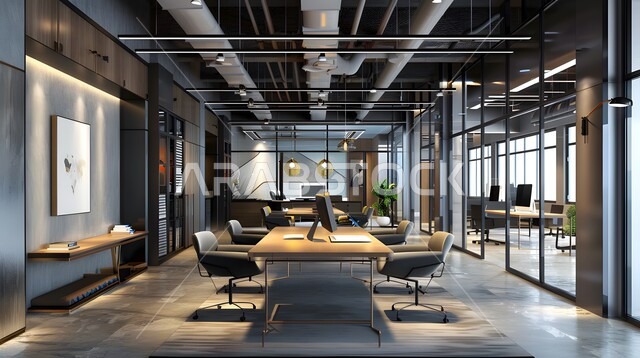 غرفة اجتماعات واسعة مع طاولة محاطة بكراسي، غرف مكتبية بتصاميم وديكورات داخلية فخمة، التصميم العصري الحديث للمكاتب في الشركات السعودية، النوافذ والواجهات الزجاجية المطلة على الطبيعة