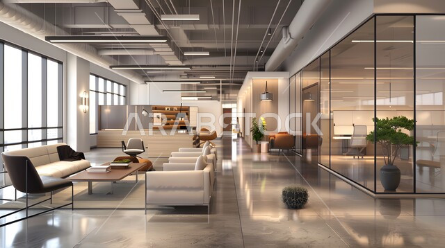 A spacious meeting room with a table surrounded by chairs, office rooms with luxurious interior designs and decorations, the modern design of offices in Saudi companies, windows and glass facades overlooking nature