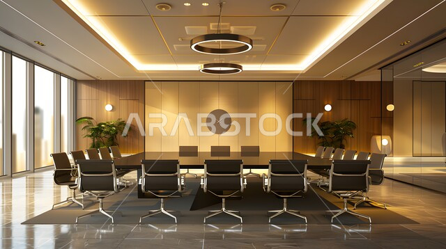 غرفة اجتماعات واسعة مع طاولة محاطة بكراسي، غرف مكتبية بتصاميم وديكورات داخلية فخمة، التصميم العصري الحديث للمكاتب في الشركات السعودية، النوافذ والواجهات الزجاجية المطلة على الطبيعة