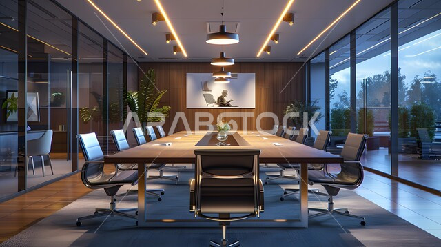 غرفة اجتماعات واسعة مع طاولة محاطة بكراسي، غرف مكتبية بتصاميم وديكورات داخلية فخمة، التصميم العصري الحديث للمكاتب في الشركات السعودية، النوافذ والواجهات الزجاجية المطلة على الطبيعة