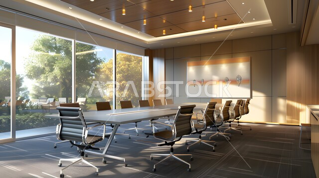 غرفة اجتماعات واسعة مع طاولة محاطة بكراسي، غرف مكتبية بتصاميم وديكورات داخلية فخمة، التصميم العصري الحديث للمكاتب في الشركات السعودية، النوافذ والواجهات الزجاجية المطلة على الطبيعة