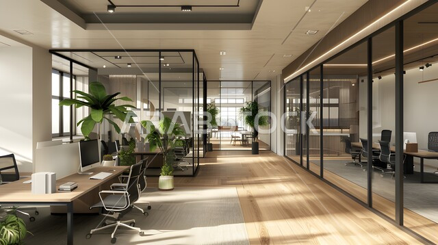 غرف مكتبية بتصاميم وديكورات داخلية فخمة، غرفة اجتماعات واسعة مع طاولة محاطة بكراسي، التصميم العصري الحديث للمكاتب في شركات المملكة العربية السعودية، النوافذ والواجهات الزجاجية 
