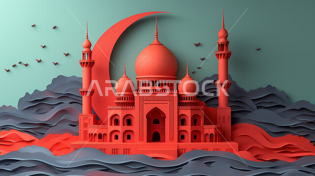 مفهوم العبادة والتقرب إلى الله، مجسمات ثلاثية الابعاد للقبب والمآذن المتميزة، تصاميم و ديكورات على الطراز الاسلامي باللون الاحمر، الفن الهندسي المعماري للمساجد، خلفية السماء الزرقاء