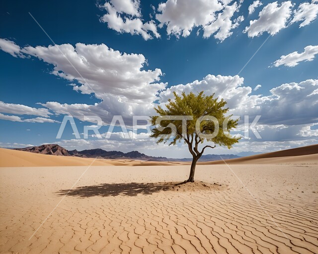 البيئة الرملية الجافة، شجرة خضراء وسط الصحراء القاحلة، الطبيعة الصحراوية في المملكة العربية السعودية، منظر السماء الزرقاء المليئة بالغيوم والسحب