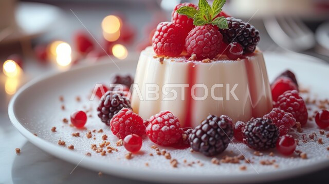 حلا بارد لذيذ، فنون تقديم التحلية في مطاعم المملكة العربية السعودية، أطباق من الحلويات العربية الشرقية الشهية، طبق من حلوى بودينغ المزين بالتوت البري