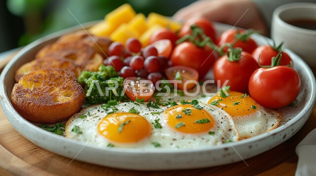 طبق البيض المقلي مع الطماطم والفلفل الحار، وجبة فطور صباحية مفيدة وسريعة، الاومليت اللذيذ المليء بالبروتينات الصحية، وجبات ومأكولات للحميات الغذائية، أطباق إفطار تقليدية، كوب من الحليب الطازج المغذي