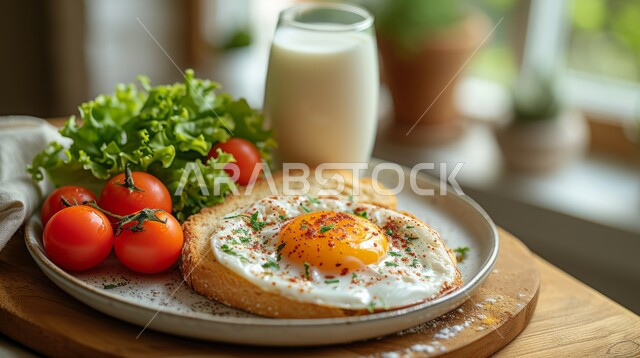 كوب من الحليب الطازج المغذي، وجبة فطور صباحية مفيدة وسريعة، الاومليت اللذيذ المليء بالبروتينات الصحية، وجبات ومأكولات للحميات الغذائية، طبق البيض المقلي مع الطماطم والفلفل الحار، أطباق إفطار تقليدية