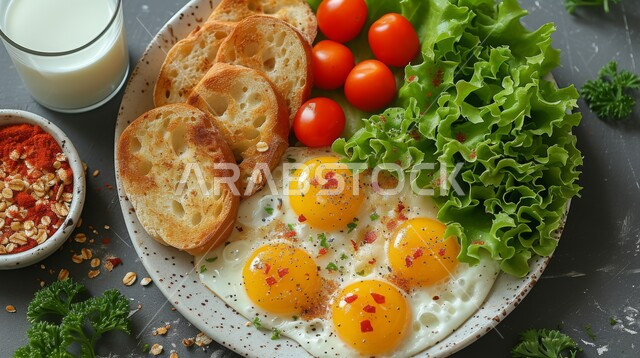 الاومليت اللذيذ المليء بالبروتينات الصحية، صورة عامودية من الاعلى لطبق البيض المقلي مع الطماطم والفلفل الحار، وجبة فطور صباحية مفيدة وسريعة، وجبات ومأكولات للحميات الغذائية، أطباق إفطار تقليدية، كوب من الحليب الطازج المغذي