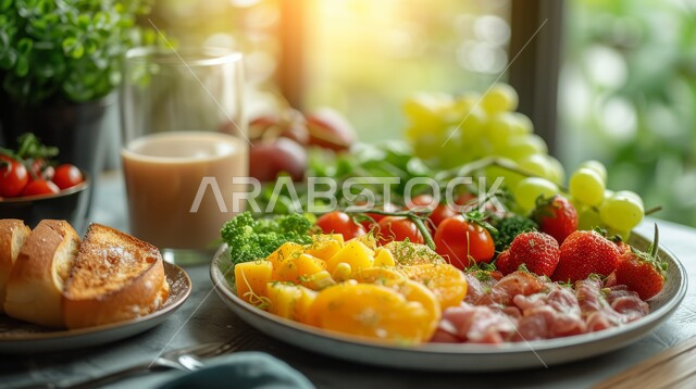 طبق من اللحم المقدد والفواكه الطازجة، كوب من الحليب المليء بالبروتينات، وجبة فطور صباحية مفيدة وسريعة، وجبات ومأكولات صحية، أطباق إفطار تقليدية