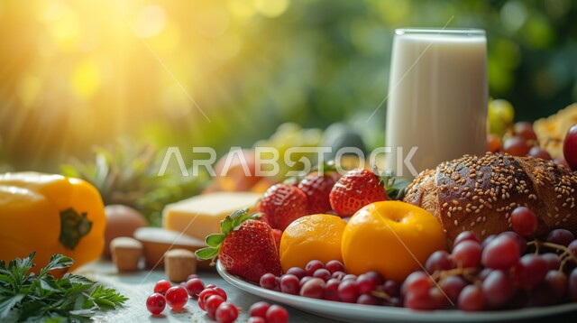 كوب من الحليب المليء بالبروتينات، طبق من الفواكه الطازجة مع قطعة من الخبز، وجبة فطور صباحية مفيدة وسريعة، وجبات ومأكولات صحية، أطباق إفطار تقليدية