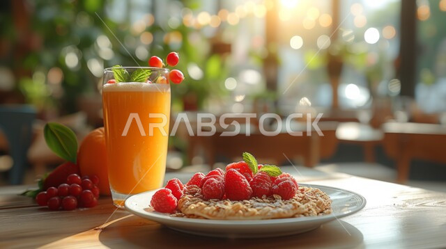 A useful and quick morning breakfast, a cup of orange juice full of vitamins, a bowl of oatmeal decorated with cranberries, healthy meals and foods, traditional breakfast dishes.