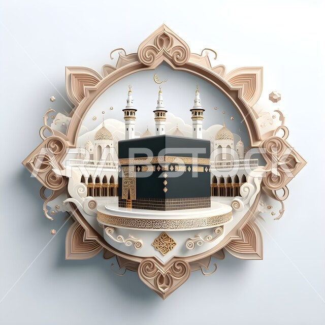 استقبال الأعياد والمناسبات الاسلامية، قوالب تصاميم اسلامية لتهنئة حجاج بيت الله الحرام بأداء الفريضة والمناسك, صورة ثلاثية الأبعاد للكعبة المشرفة و الحرم المكي الشريف في مكة المكرمة, الاستعداد لقدوم عيد الأضحى المبارك، خلفية بيضاء