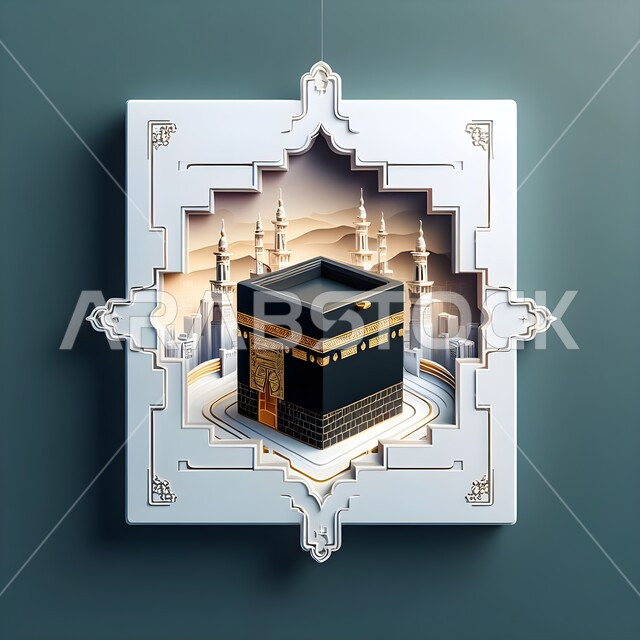 الاحتفال بالأعياد والمناسبات الاسلامية، قوالب تصاميم اسلامية لتهنئة حجاج بيت الله الحرام بأداء الفريضة والمناسك, صورة ثلاثية الأبعاد للكعبة المشرفة و الحرم المكي الشريف في مكة المكرمة, الاستعداد لقدوم عيد الأضحى المبارك، خلفية خضراء