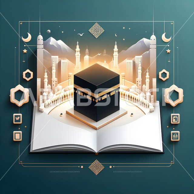 قوالب تصاميم اسلامية لتهنئة حجاج بيت الله الحرام بأداء الفريضة والمناسك, صورة ثلاثية الأبعاد للكعبة المشرفة و الحرم المكي الشريف في مكة المكرمة, الاحتفال بالأعياد والمناسبات الاسلامية، الاستعداد لقدوم عيد الأضحى المبارك، خلفية خضراء