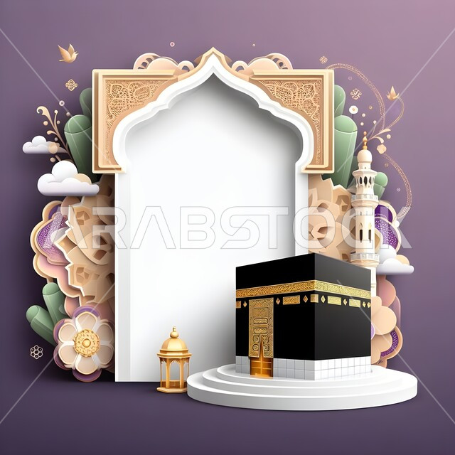 الاستعداد لقدوم عيد الأضحى المبارك، استقبال الأعياد والمناسبات الاسلامية، قوالب تصاميم اسلامية لتهنئة حجاج بيت الله الحرام بأداء الفريضة والمناسك, صورة ثلاثية الأبعاد للكعبة المشرفة ومسجد, خلفية بنفسجي