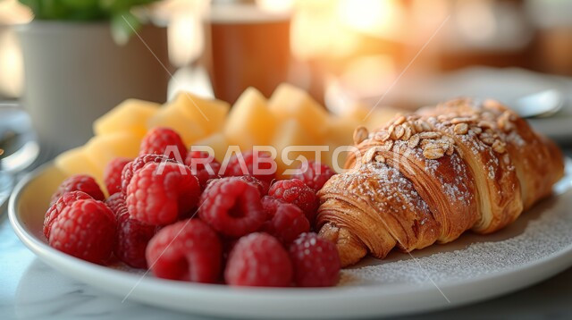 وجبة فطور صباحية مفيدة وسريعة، المخبوزات والمعجنات الطازجة، طبق من الفواكه اللذيذة مع قطعة كرواسان، وجبات ومأكولات صحية، أطباق إفطار تقليدية