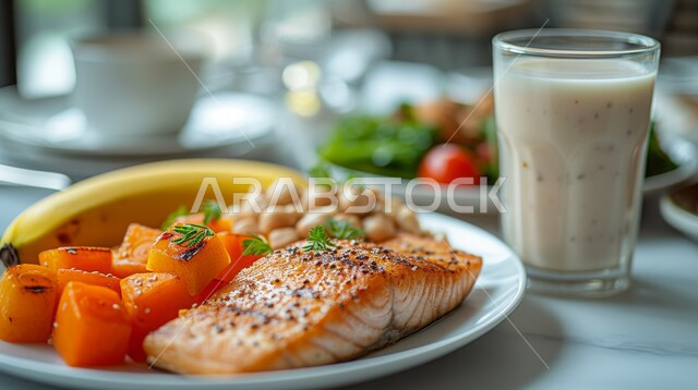 كوب من الحليب المليء بالبروتينات، وجبة فطور صباحية مفيدة وسريعة، شريحة من السمك مع الفواكه، وجبات ومأكولات صحية، أطباق إفطار تقليدية