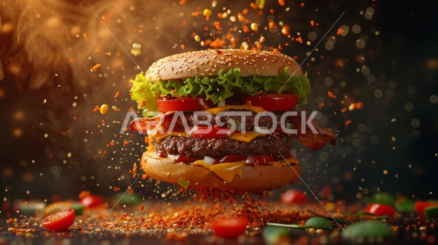 ساندوتش البرجر المتطايرة بقطع اللحم المشوية وشرائح الجبن الذائبة مع الخضراوات الطازجة، وصفات الطعام السريعة الغير صحية، وجبات غذائية شهية، مطاعم للمأكولات الغربية في المملكة العربية السعودية، خلفية سوداء