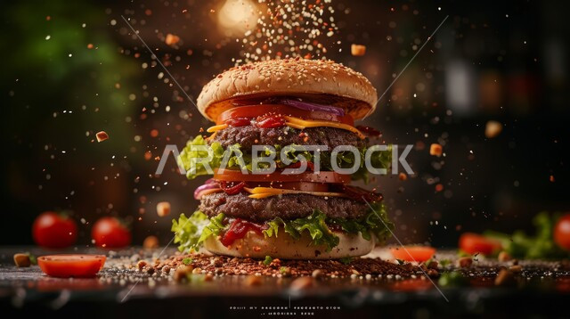 Delicious nutritional meals, a flying burger sandwich with grilled meat pieces and melted cheese slices with fresh vegetables, unhealthy fast food recipes, Western food restaurants in the Kingdom of Saudi Arabia, black background