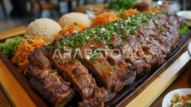 أطباق تقليدية مزينة بالخضراوات، وصفات شرقية شهية، طبق من لحم الضأن المشوي مع الارز، فنون تقديم الطعام في المطابخ والمطاعم السعودية