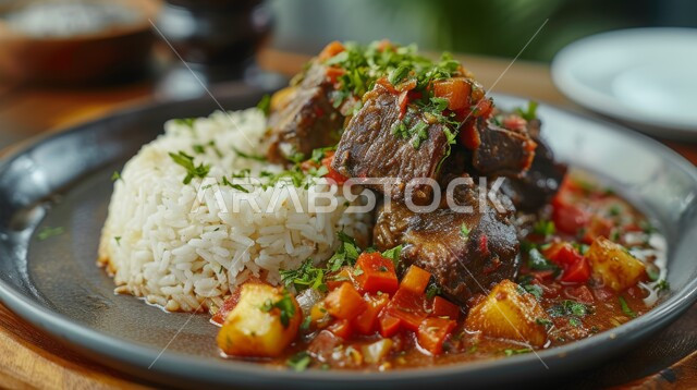 أطباق تقليدية مزينة بالخضراوات، وصفات شرقية شهية، وجبة شعبية من الأرز مع اللحم، طبق من رز الكابولي اللذيذ، فنون تقديم الطعام في المطابخ والمطاعم السعودية