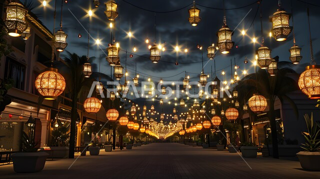  الشوارع والطرقات المعبدة المزينة بالأضواء ليلا، الفوانيس المعلقة المضيئة، الاحتفال بالمناسبات والأعياد الدينية الإسلامية، زينة وأنوار رمضانية، الاماكن والمعالم السياحية المشهورة في المملكة العربية السعودية