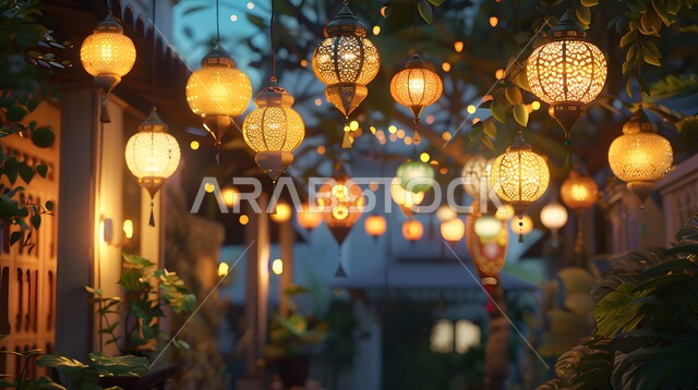  الشوارع والطرقات المعبدة المزينة بالأضواء ليلا، صورة مقربة للفوانيس المعلقة المضيئة، الاحتفال بالمناسبات والأعياد الدينية الإسلامية، زينة وأنوار رمضانية، الاماكن والمعالم السياحية المشهورة في المملكة العربية السعودية