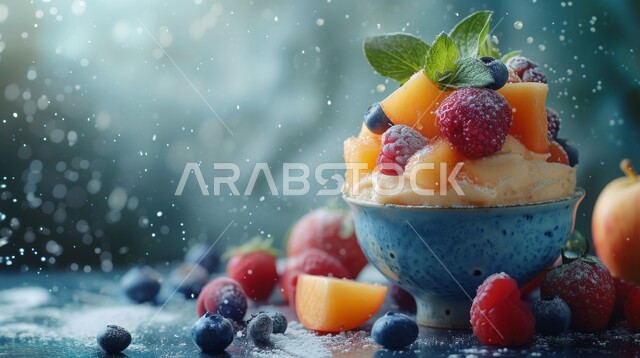 A delicious cold dessert, dishes of delicious oriental Arabic sweets, a dish of caramel ice cream decorated with cranberries, the art of serving dessert in restaurants in the Kingdom of Saudi Arabia.