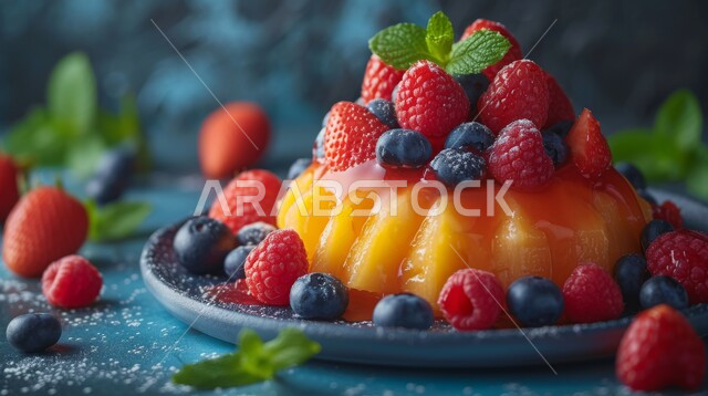 طبق من حلوى بودينغ الكاراميل المزين بالتوت البري، فنون تقديم التحلية في مطاعم المملكة العربية السعودية، أطباق من الحلويات العربية الشرقية الشهية، حلا بارد لذيذ