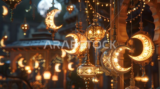 Ramadan decorations and lights, paved streets and roads decorated with lights at night, a close-up of the illuminated hanging lanterns in the shape of a crescent, celebrating Islamic religious occasions and holidays, famous tourist places and landmarks in the Kingdom of Saudi Arabia