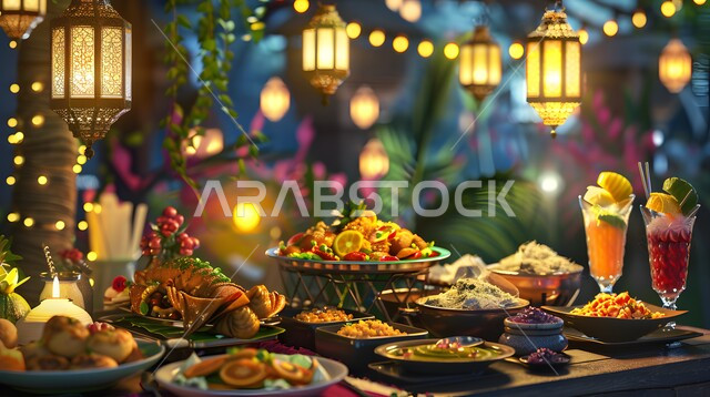 Ramadan dining and breakfast, streets and roads decorated with lights at night, illuminated hanging lanterns, celebration of Islamic religious occasions and holidays, Ramadan decorations and lights, famous tourist places and attractions in the Kingdom of Saudi Arabia