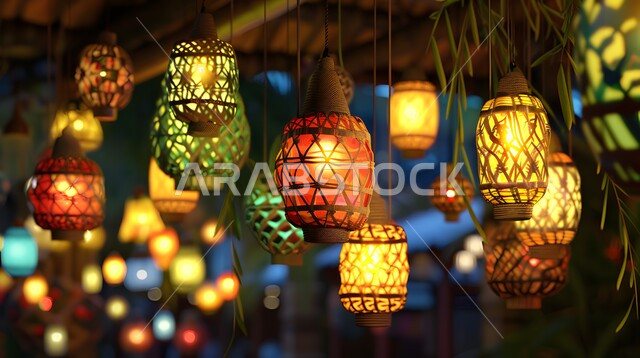 الشوارع والطرقات المزينة بالأضواء ليلا، صورة مقربة للفوانيس المعلقة المضيئة، الاحتفال بالمناسبات والأعياد الدينية الإسلامية، زينة وأنوار رمضانية، الاماكن والمعالم السياحية المشهورة في المملكة العربية السعودية