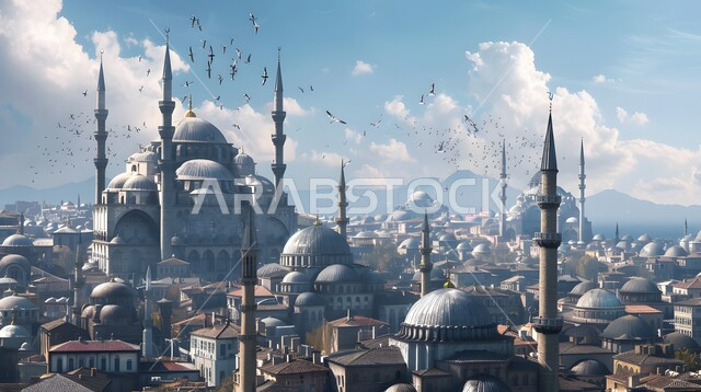 الفن الهندسي المعماري للمساجد على الطراز الاسلامي، مفهوم العبادة و التقرب الى الله تعالى , نداء المسلمين لأداء الفرائض والصلوات على وقتها, القبب والمآذن المتميزة، تحليق الطيور في السماء المليئة بالغيوم البيضاء