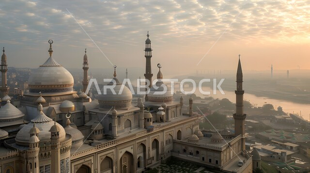 مفهوم العبادة و التقرب الى الله تعالى , نداء المسلمين لأداء الفرائض والصلوات على وقتها, الفن الهندسي المعماري للمساجد على الطراز الاسلامي، القبب والمآذن المتميزة، منظر السماء المليئة بالغيوم البيضاء وقت غروب الشمس