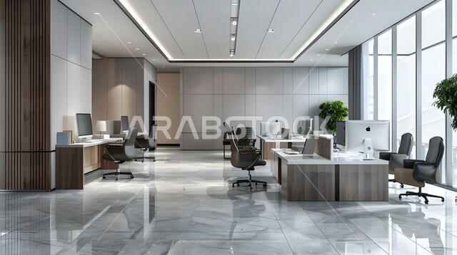 A spacious business room equipped with equipment and tools, office rooms with luxurious interior designs and decorations, modern designs for a modern sophisticated work office, the modern design of offices in companies in the Kingdom of Saudi Arabia