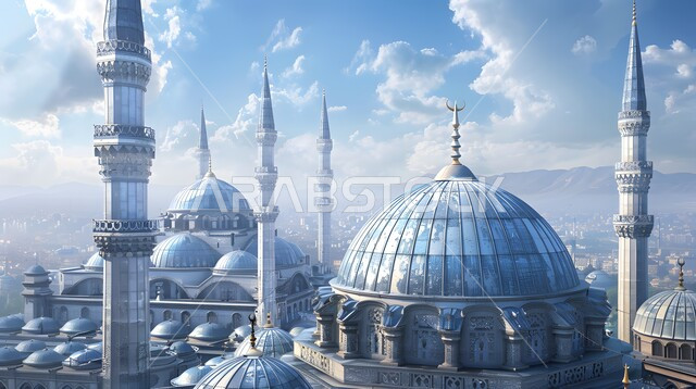 الفن الهندسي المعماري للمساجد على الطراز الاسلامي، القبب والمآذن المتميزة، مفهوم العبادة و التقرب الى الله تعالى , نداء المسلمين لأداء الفرائض والصلوات على وقتها, منظر السماء المليئة بالغيوم البيضاء في وقت النهار