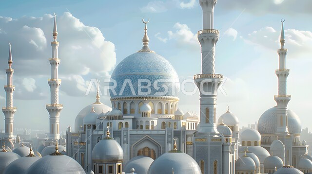 The call of Muslims to perform obligatory prayers and prayers on time, the architectural art of mosques in the Islamic style, the distinctive domes and minarets, the concept of worship and drawing closer to God Almighty, the view of the sky filled with white clouds during the day.
