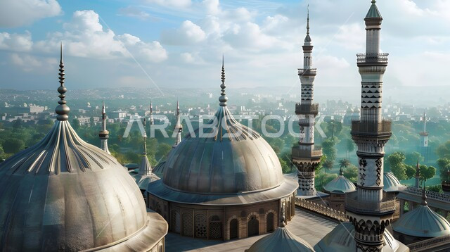 القبب والمآذن المتميزة، مفهوم العبادة و التقرب الى الله تعالى , نداء المسلمين لأداء الفرائض والصلوات على وقتها, الفن الهندسي المعماري للمساجد على الطراز الاسلامي، منظر السماء المليئة بالغيوم البيضاء في وقت النهار