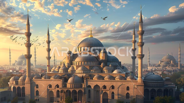 The concept of worship and drawing closer to God Almighty, the call of Muslims to perform the obligatory prayers and prayers on time, the architectural engineering of mosques in the Islamic style, the distinctive domes and minarets, the view of the sky filled with white clouds at sunset.